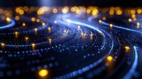 Abstract curved lines of glowing blue light trails with golden bokeh effects on dark background create futuristic technology pattern for digital concepts.