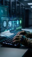 Military operator analyzing medical brain scan data on futuristic holographic interface in high-tech command center for healthcare technology applications.