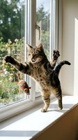 Playful tabby cat standing on hind legs at window sill with paws raised, reaching for toy mouse, garden view outside, indoor pet behavior and entertainment.