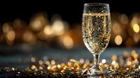 Sparkling champagne flute filled with golden bubbles against warm bokeh lights background for celebration and luxury dining occasions.
