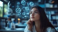Young Asian woman contemplating glowing virus cell models floating in air against blurred modern interior, concept of medical research and pandemic awareness.