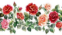 Watercolor roses border with red and pink blooms, green leaves and buds in seamless horizontal pattern for fabric design and wallpaper decoration.
