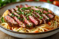 Juicy sliced medium-rare beef steak served on pasta with fresh herbs garnish in ceramic plate, close up view on wooden table. Restaurant quality meal.