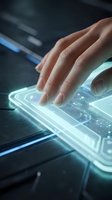 Woman's hand touching glowing holographic interface with neon blue light effects, representing digital technology, innovation, and futuristic interaction for tech concepts.
