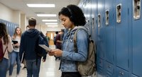 Young African American female student using smartphone in high school hallway with blue lockers and classmates walking in background during break time.