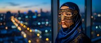 Middle Eastern woman wearing traditional ornate face mask and blue hijab standing by window overlooking illuminated city skyline at dusk twilight hour.