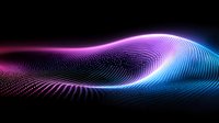 Abstract digital wave pattern with glowing blue and pink neon particles forming dynamic flowing curves against dark background, modern technology visualization.
