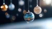 Elegant glass Christmas ornaments hanging with bokeh lights creating festive holiday atmosphere for seasonal decorations and celebrations.