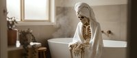 Senior woman in white bathrobe and glasses standing in modern bathroom near bathtub, holding towel, wellness and self-care routine for mature adults.