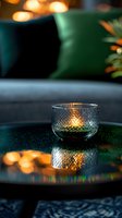 Glowing candle in textured glass holder on reflective surface creates cozy atmosphere with warm bokeh lights and emerald green accents in dark room setting.