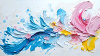 Abstract acrylic paint strokes in blue pink yellow white creating dynamic fluid motion on canvas. Artistic brushwork texture for creative projects.