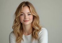 Young Caucasian woman with blonde wavy hair and natural makeup wearing white sweater smiling at camera against neutral background, professional headshot style portrait.
