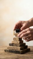 Hands placing graduation cap on wooden block pyramid representing educational achievement and career advancement goals.