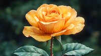 Vibrant peach-colored rose with water droplets glistening on delicate petals against dark green foliage background, creating romantic garden atmosphere.