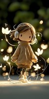 Cute cartoon character with headphones surrounded by glowing butterflies and musical notes in warm golden light against dark background.