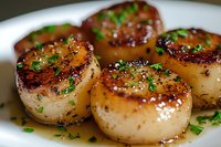 Pan seared sea scallops with caramelized golden crust garnished with fresh herbs and butter sauce on white plate, macro food photography.