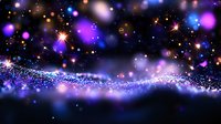 Cosmic abstract background with purple and blue bokeh lights, glowing particles and sparkling stars creating magical atmosphere for fantasy designs.