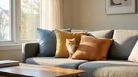 Orange tabby cat relaxing on modern gray sofa with colorful throw pillows in bright living room with natural window light for home decor and pet lifestyle.