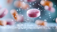 Floating red pill with water drops and bokeh effect on dark background, pharmaceutical macro photography with selective focus and sparkling details.