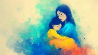 Watercolor style illustration of mother embracing child, with vibrant blue, turquoise, yellow and orange colors creating emotional atmosphere for motherhood themes.