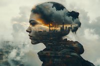 Female profile double exposure with urban industrial cityscape and dramatic stormy sky, highlighting environmental impact and climate change concerns in modern society.