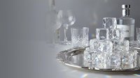 Gin bottle with crystal glasses filled with ice cubes arranged on silver tray, perfect for bar, restaurant, hospitality, and beverage advertising.