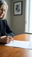 Mature Caucasian woman signing legal document contract at wooden table in home office with pen for business agreement paperwork estate planning.
