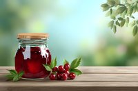 Homemade cherry jam in glass jar with fresh berries and mint leaves on wooden table against blurred green garden background.