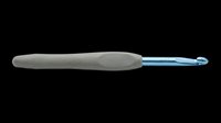 Crochet hook with soft gray grip and blue metal shaft, isolated on transparent background. Great for craft clipart, stickers, t-shirt design, and print on demand.