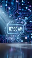 Digital time display showing 07:30 AM with futuristic holographic interface, glowing circuit board patterns and bokeh lights for technology concepts.