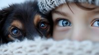 Young Caucasian girl with blue eyes and adorable puppy with striking blue eyes peeking over cozy knitted blanket creating heartwarming bond between child and pet.
