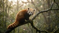 Red panda resting on tree branch in natural forest habitat with soft sunlight filtering through foliage creating peaceful wildlife scene.