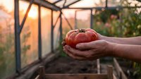 Hands holding fresh ripe tomato in greenhouse during golden hour sunset. Organic gardening and homegrown vegetables concept for healthy lifestyle and farming.