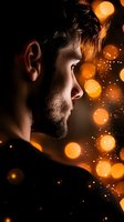 Side profile of bearded man against dark background with glowing orange bokeh lights and magical sparkles creating dreamy atmospheric mood.