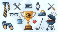 Father's Day icons collection with trophy, tools, tie, glasses, coffee, grill and accessories for dad celebration designs on white background.
