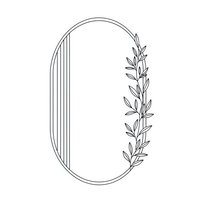 Elegant oval botanical frame with delicate leaf branch and linear elements isolated on white background for wedding invitations and decorative designs.