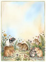 Watercolor mice and rats gathered among wildflowers with a soft pastel background, leaving copy space for text in greeting cards or prints.