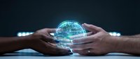 Two hands of different ethnicities holding a glowing digital globe with circuit patterns, representing global connectivity, technology innovation, and international business collaboration for corporate and digital solutions.