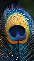 Macro shot of peacock feather with water droplets creating natural bokeh effect against dark background. Vibrant blue and gold colors showcase nature's intricate patterns.