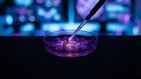 Laboratory pipette dropping sample into petri dish with purple liquid under blue neon lighting for scientific research and medical testing applications.