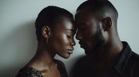 Intimate African American couple sharing tender moment with foreheads touching in soft natural light for romantic relationship and love concepts.
