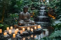Peaceful Buddha statue surrounded by glowing candles in serene garden with waterfall creating tranquil meditation space for wellness and spiritual practice.