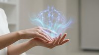 Hands holding holographic medical brain scan projection with glowing neural networks for healthcare technology and neuroscience research applications.