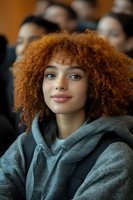 Young mixed race woman with vibrant copper curly afro hair wearing casual grey hoodie smiles confidently. Natural beauty and authentic expression in soft lighting.