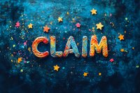 Colorful text spelling CLAIM decorated with glitter and star shapes on dark blue textured background. Creative typography design for business concepts.