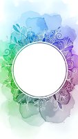 Watercolor gradient frame with ornate floral mandala border in blue green purple hues, white circle space for text or logo design elements.