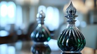 Elegant emerald green crystal perfume bottle with ornate silver stopper on display, creating luxury ambiance for fragrance or home decor photography.