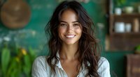 Young Hispanic woman with long dark wavy hair and bright genuine smile wearing white shirt, photographed in soft natural light against blurred green background with plants.