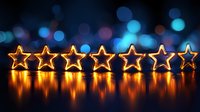 Glowing golden star lights arranged in row with blue bokeh background and reflection on glossy surface, festive holiday decoration concept.