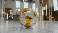 Golden wire sphere globe on marble floor showing North and South America continents in modern interior with natural lighting through windows.